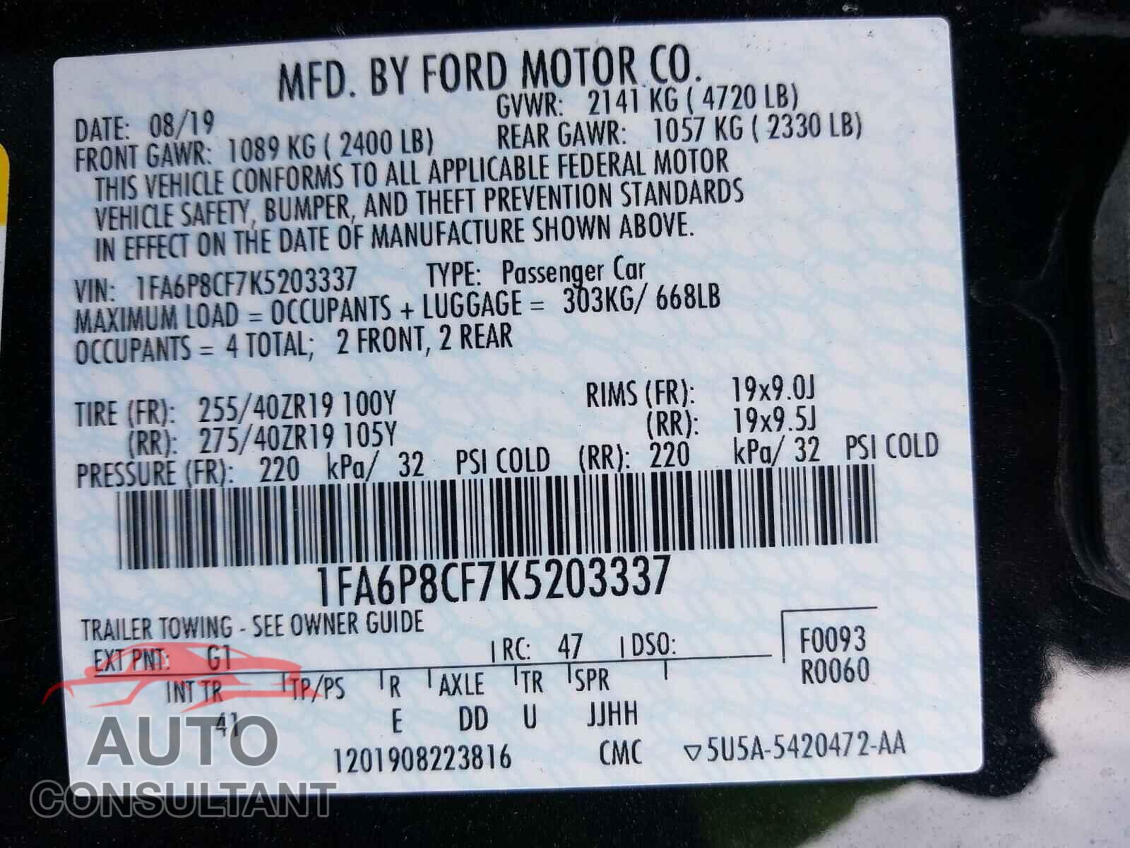 FORD MUSTANG 2019 - 1FA6P8CF7K5203337