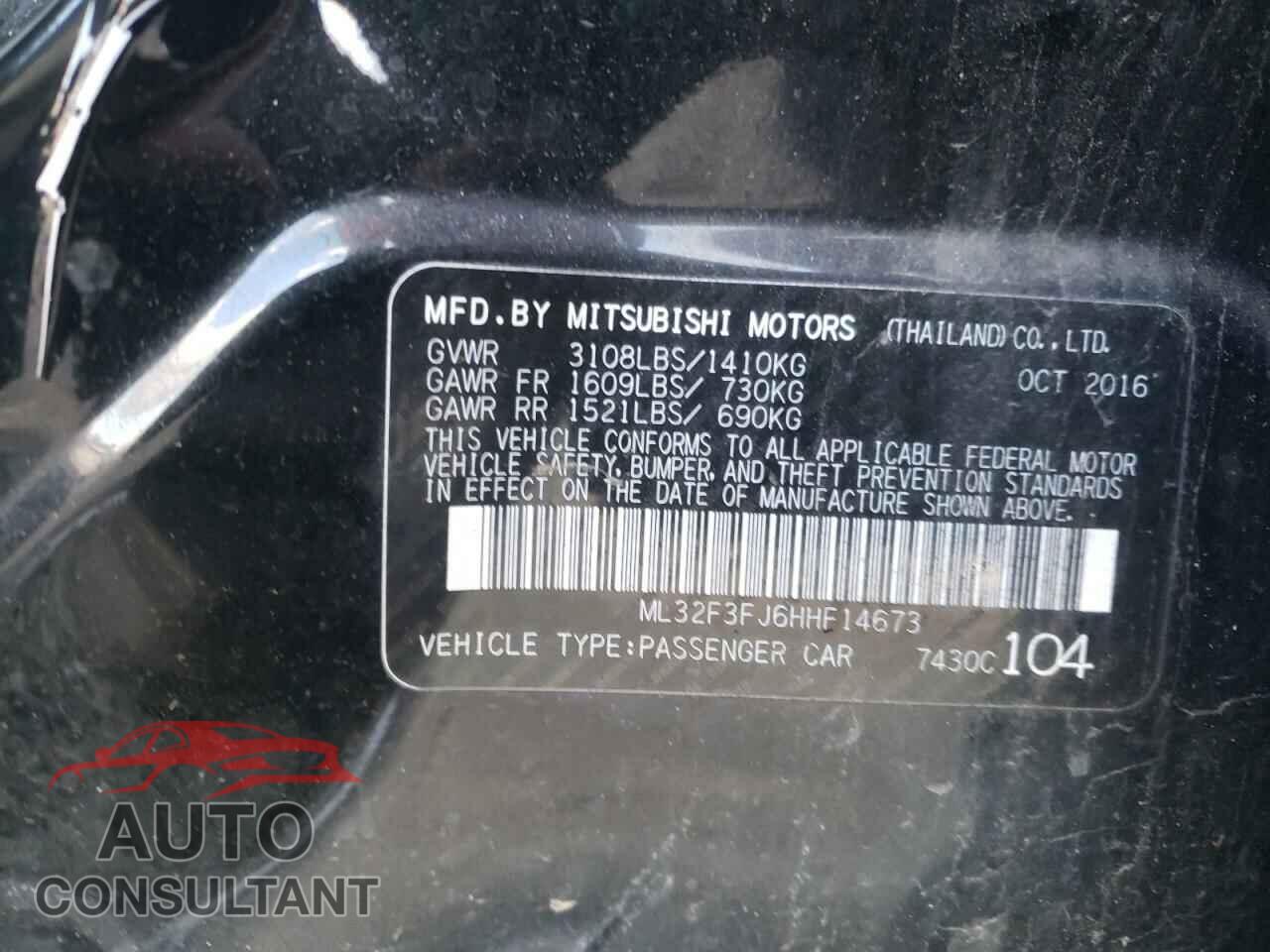 MITSUBISHI MIRAGE 2017 - ML32F3FJ6HHF14673