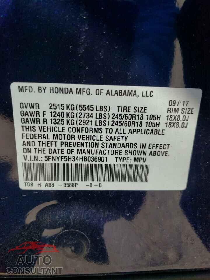 HONDA PILOT 2017 - 5FNYF5H34HB036901