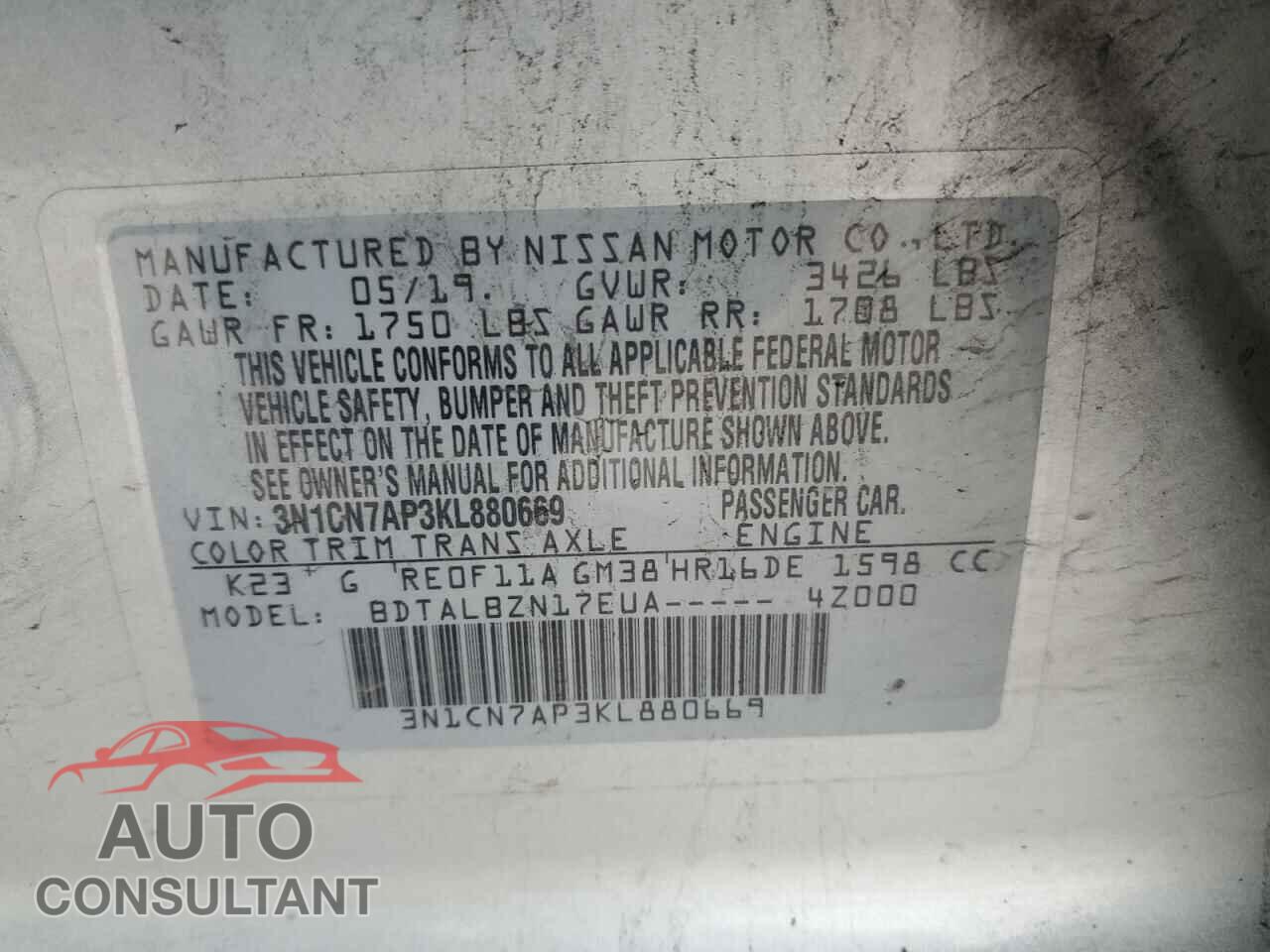 NISSAN VERSA 2019 - 3N1CN7AP3KL880669
