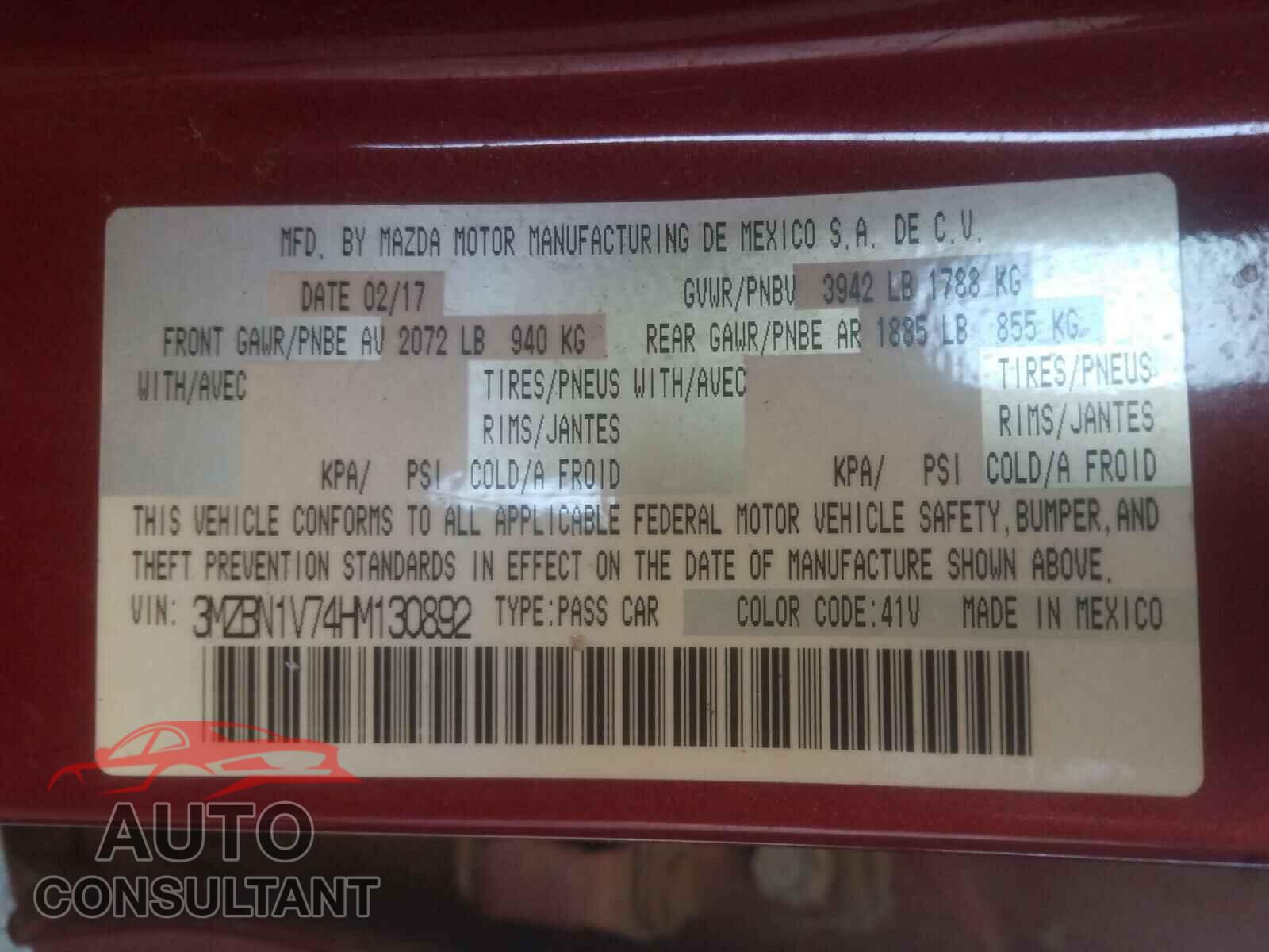 MAZDA 3 2017 - 3MZBN1V74HM130892