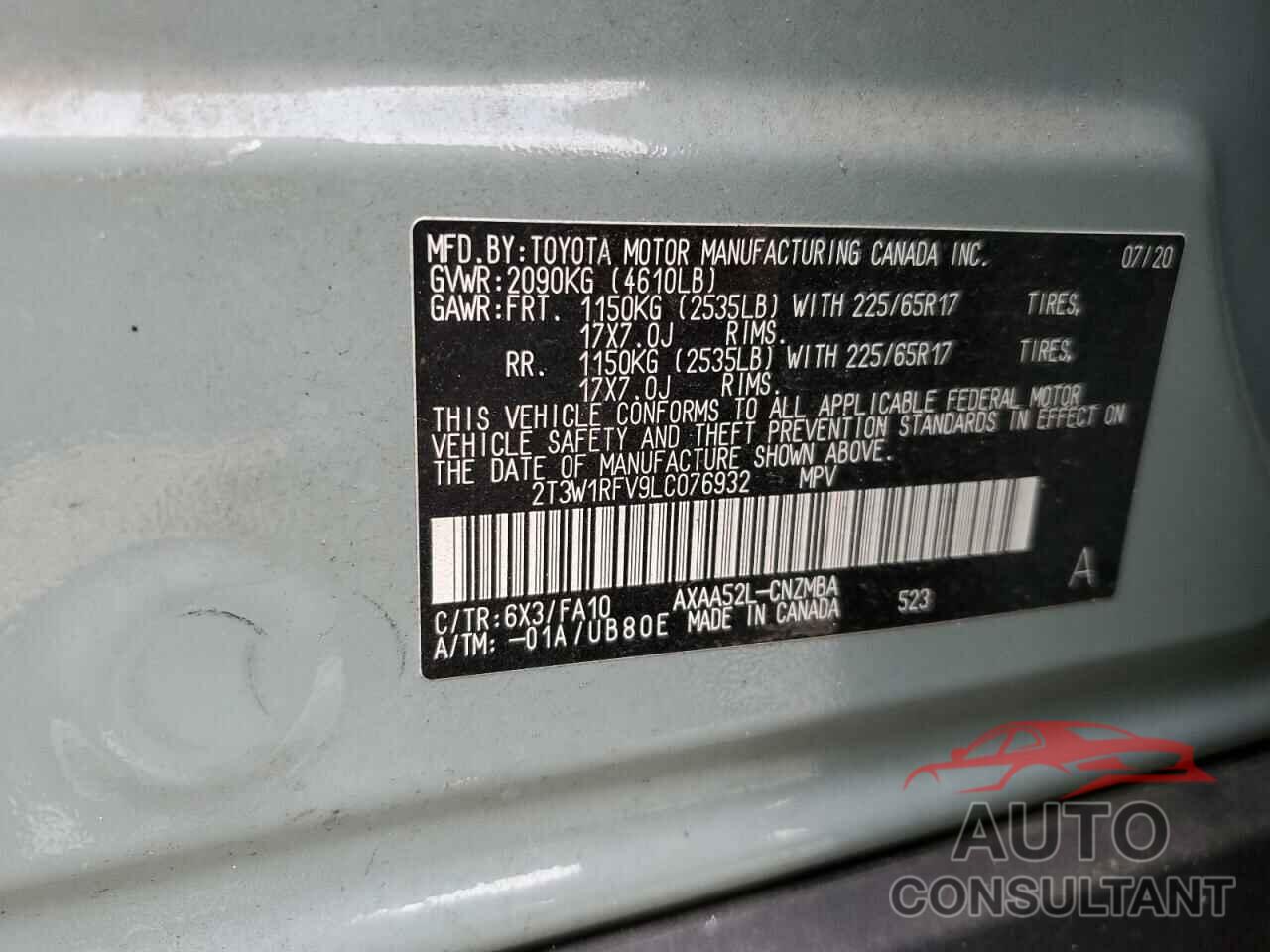 TOYOTA RAV4 2020 - 2T3W1RFV9LC076932