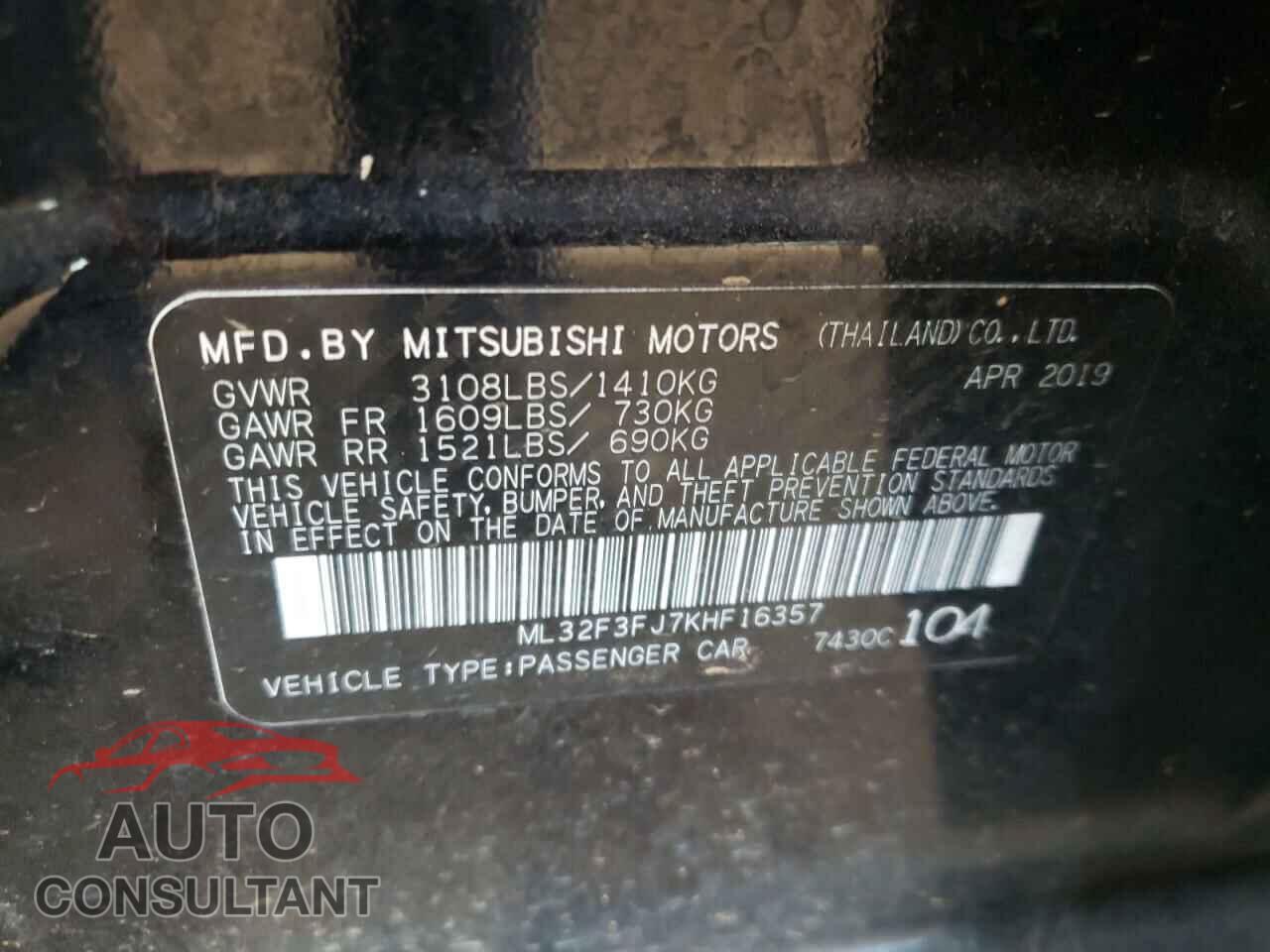 MITSUBISHI MIRAGE 2019 - ML32F3FJ7KHF16357