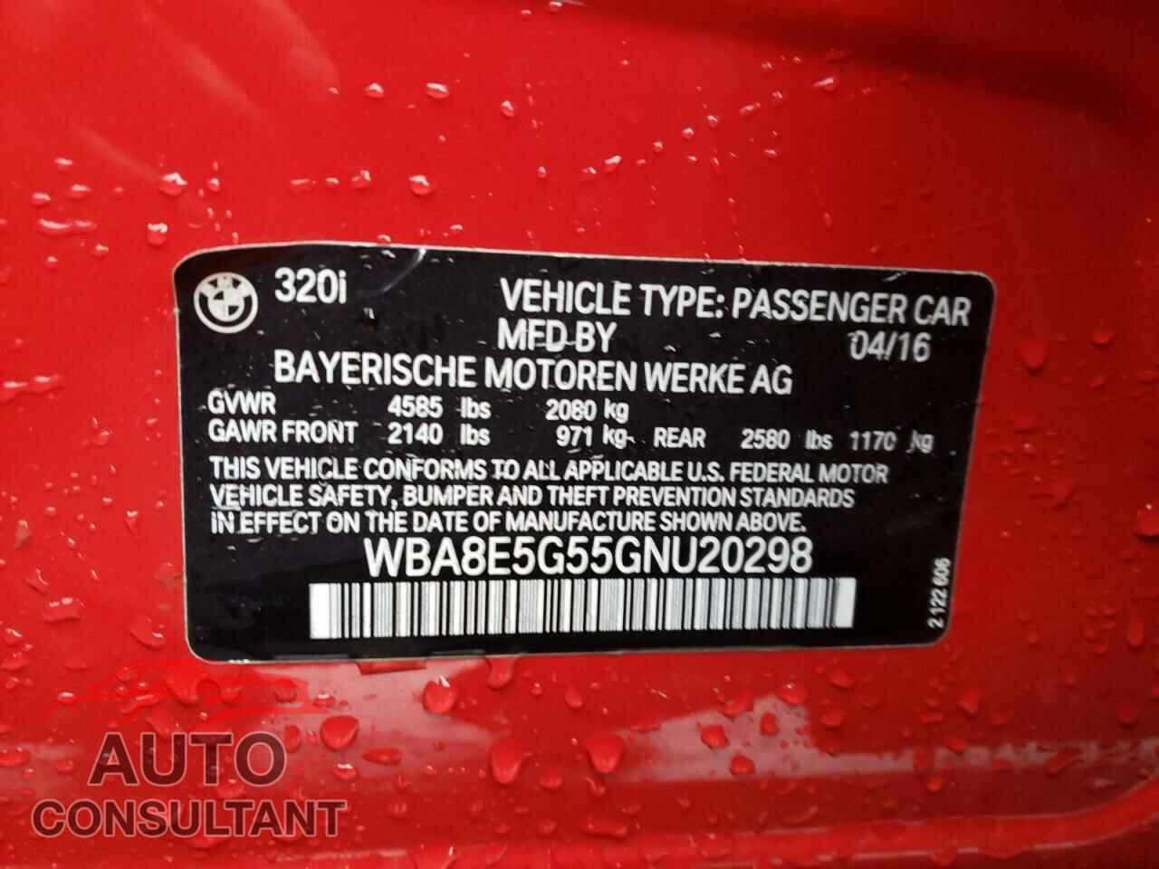 BMW 3 SERIES 2016 - WBA8E5G55GNU20298