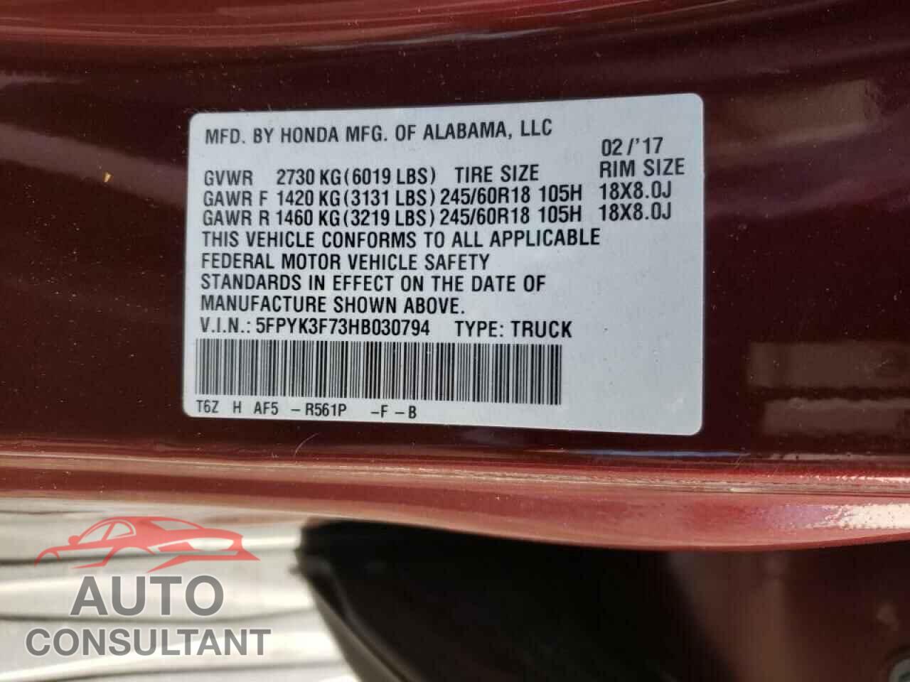 HONDA RIDGELINE 2017 - 5FPYK3F73HB030794
