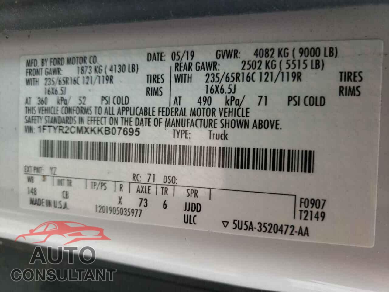 FORD TRANSIT CO 2019 - 1FTYR2CMXKKB07695