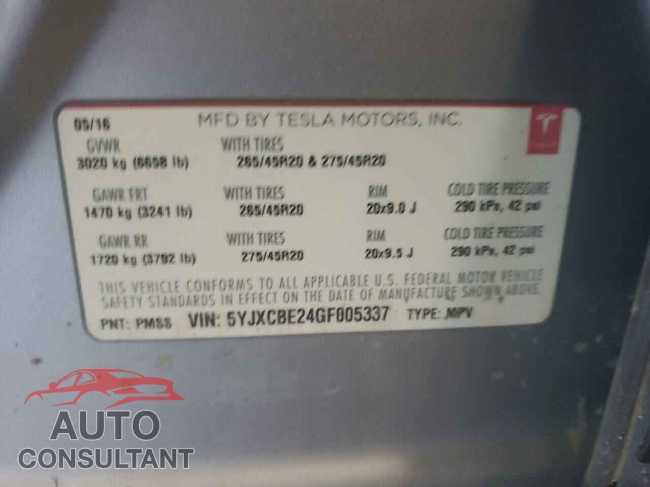 TESLA MODEL X 2016 - 5YJXCBE24GF005337