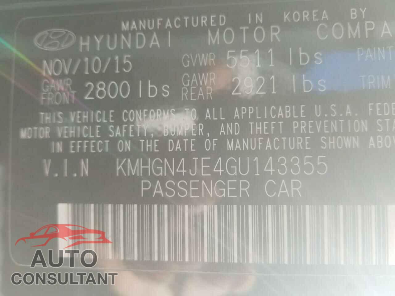 HYUNDAI GENESIS 2016 - KMHGN4JE4GU143355
