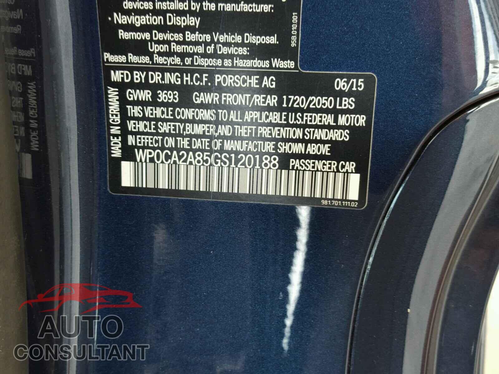 PORSCHE BOXSTER 2016 - WP0CA2A85GS120188