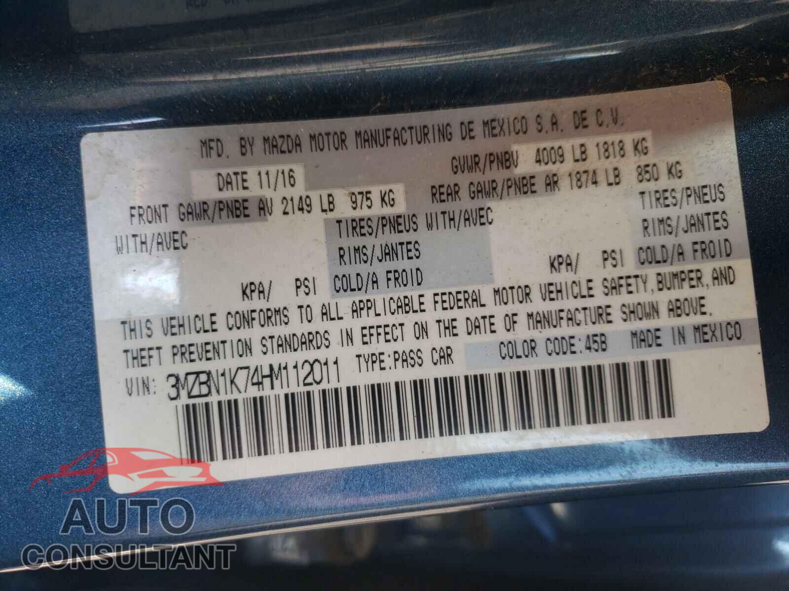 MAZDA 3 2017 - 3MZBN1K74HM112011