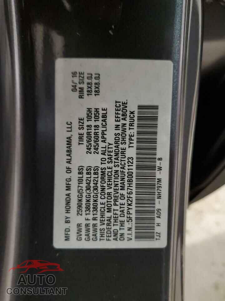 HONDA RIDGELINE 2017 - 5FPYK2F67HB001123