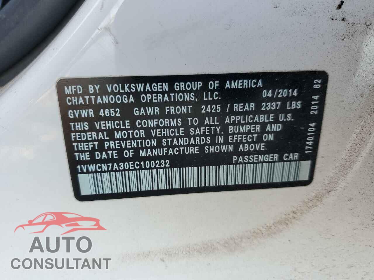 VOLKSWAGEN PASSAT 2014 - 1VWCN7A30EC100232