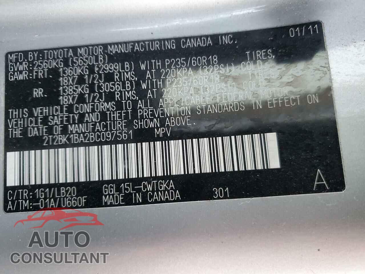 LEXUS RX350 2011 - 2T2BK1BA2BC097561
