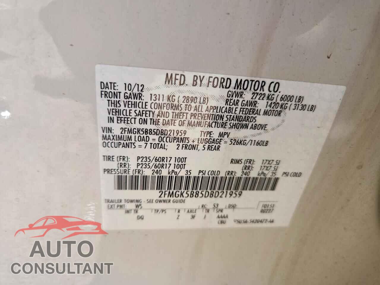 FORD FLEX 2013 - 2FMGK5B85DBD21959