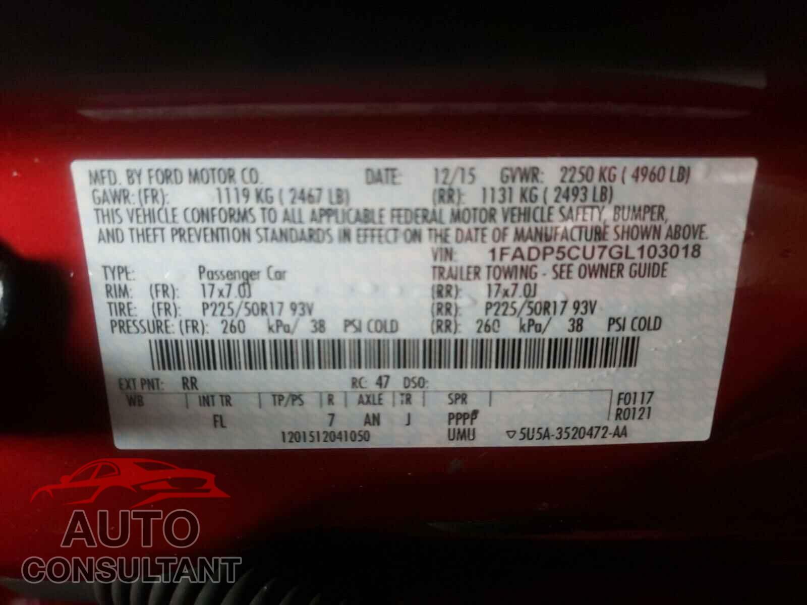 FORD CMAX 2016 - 1FADP5CU7GL103018