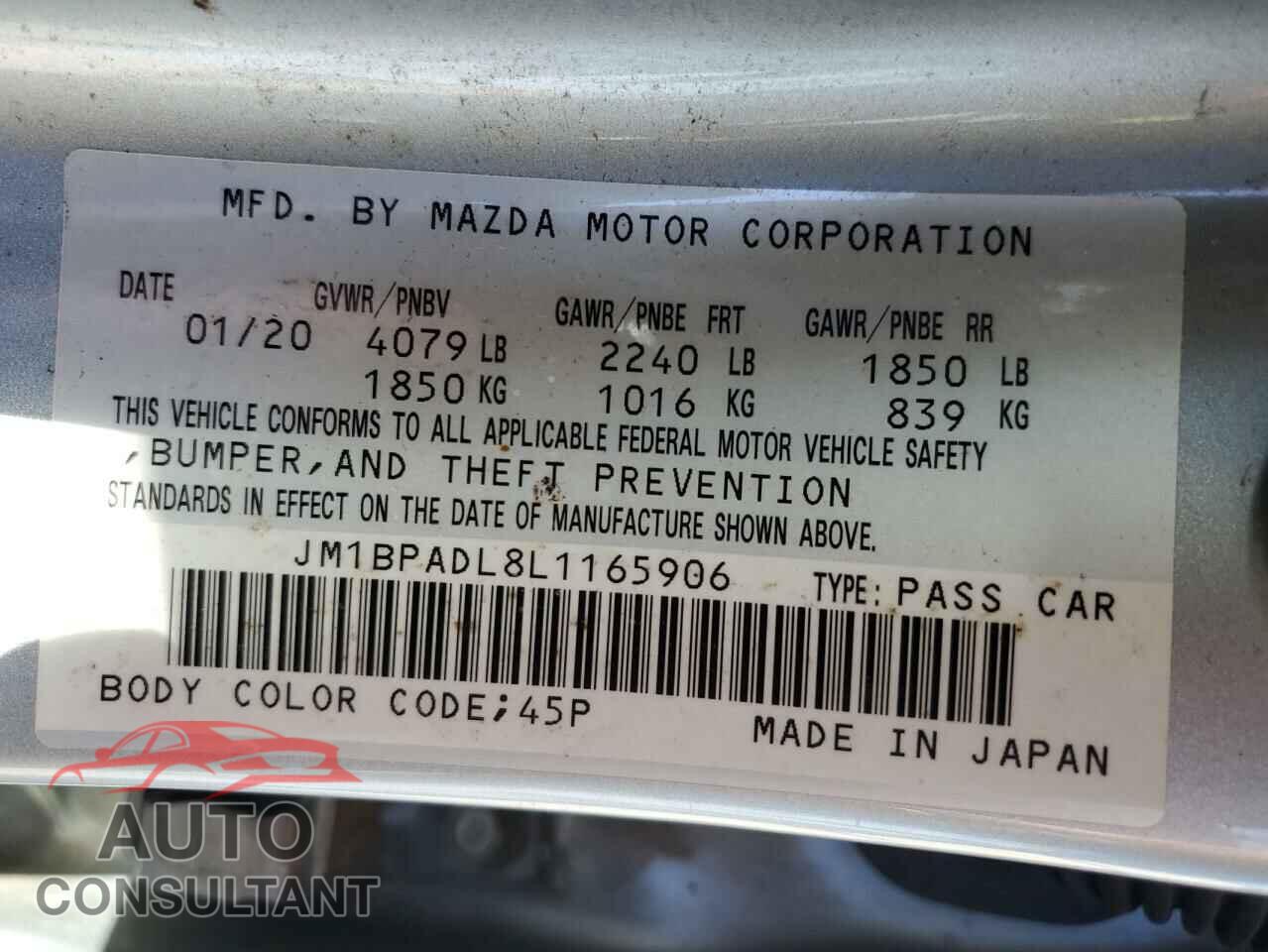 MAZDA 3 2020 - JM1BPADL8L1165906