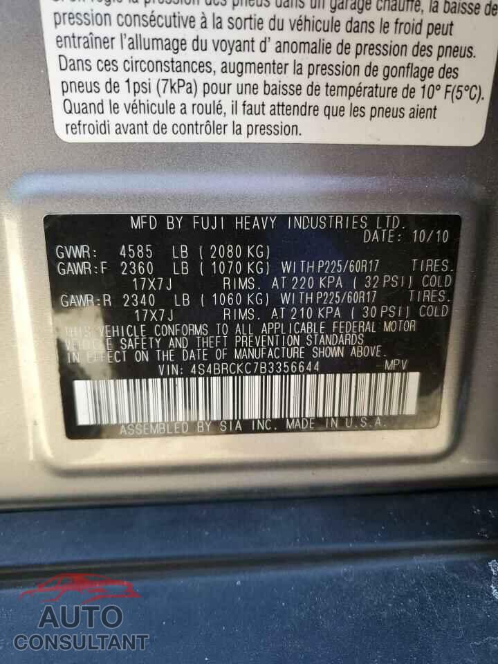 SUBARU OUTBACK 2011 - 4S4BRCKC7B3356644