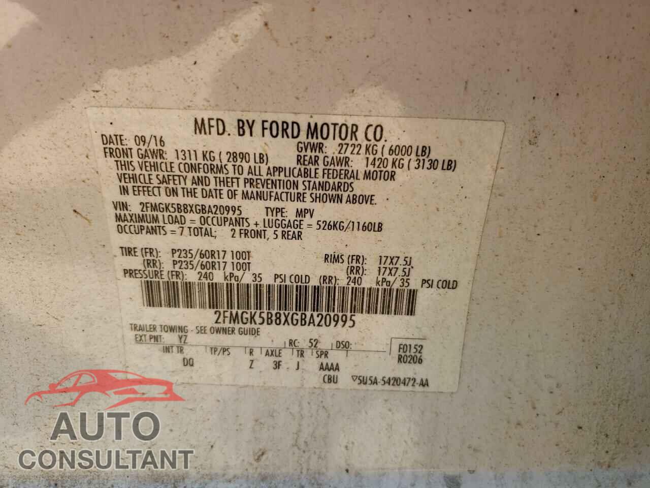 FORD FLEX 2016 - 2FMGK5B8XGBA20995