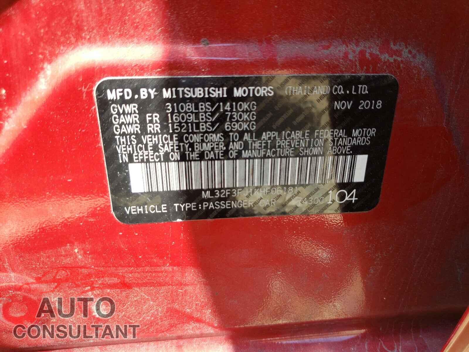MITSUBISHI MIRAGE 2019 - ML32F3FJ1KHF06181