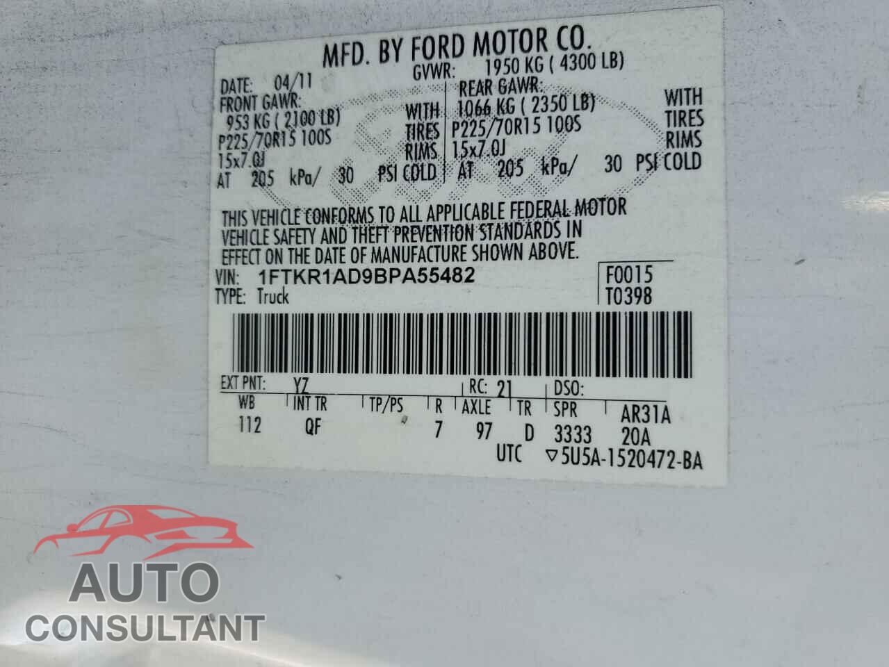 FORD RANGER 2011 - 1FTKR1AD9BPA55482