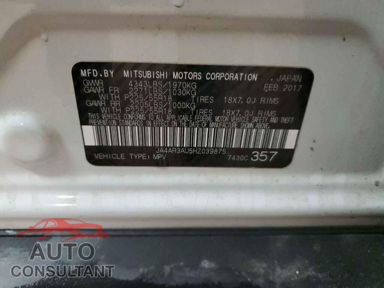MITSUBISHI OUTLANDER 2017 - JA4AR3AU5HZ039875