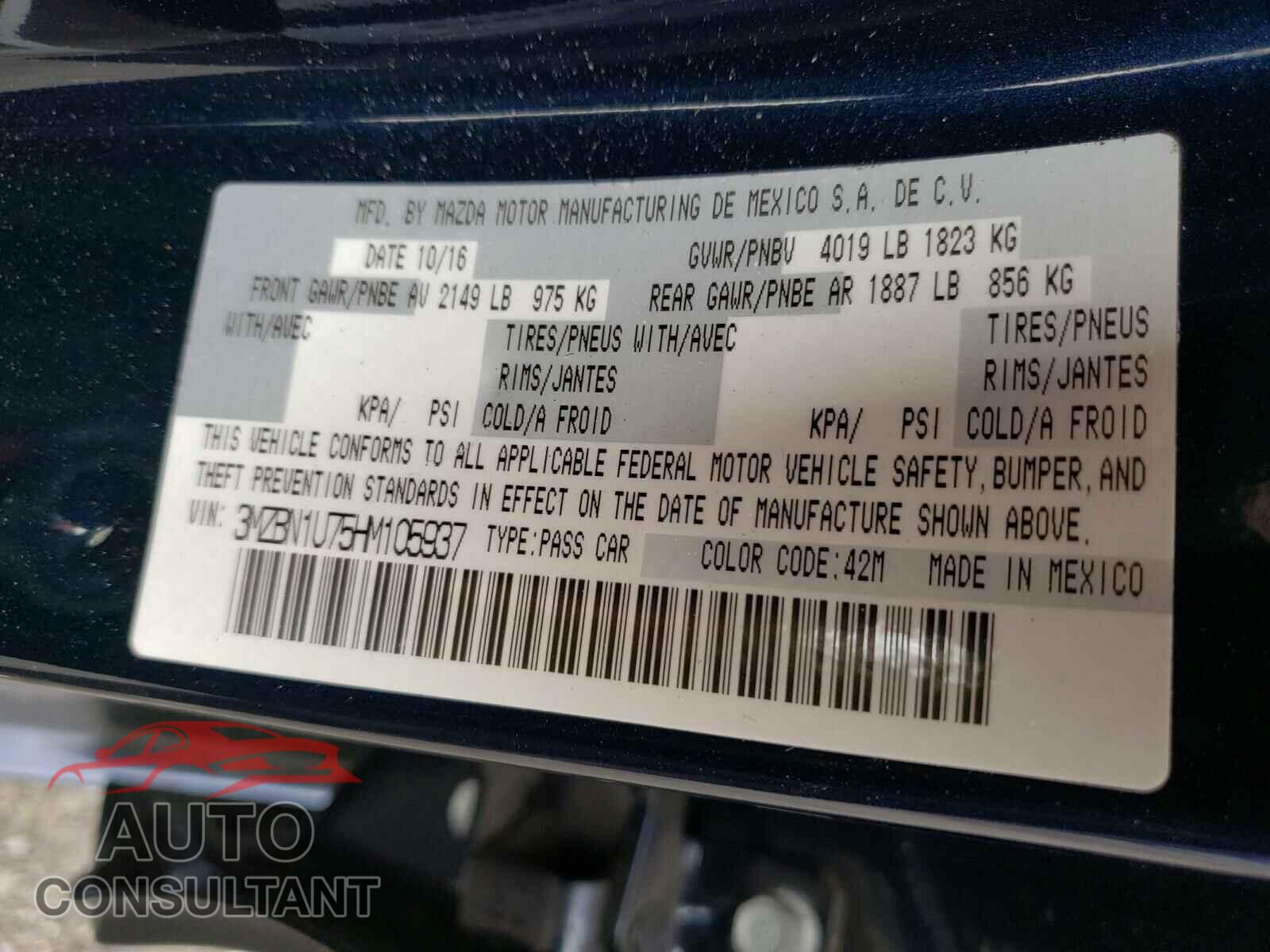 MAZDA 3 2017 - 3MZBN1U75HM105937