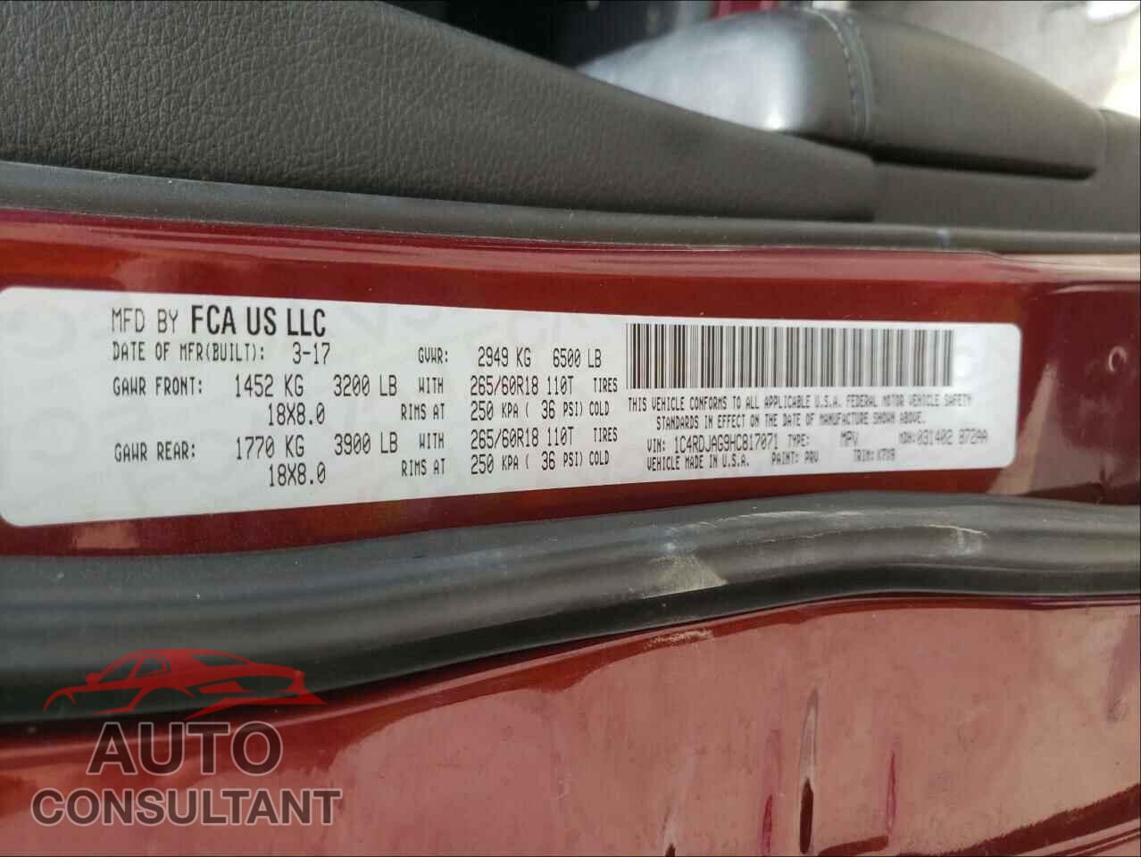 DODGE DURANGO 2017 - 1C4RDJAG9HC817071