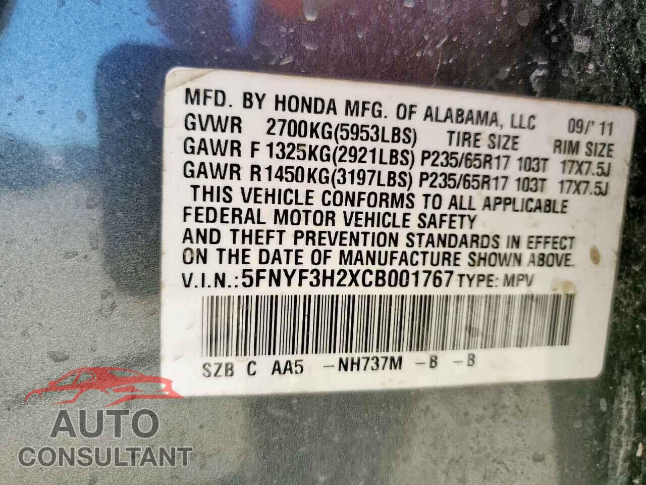 HONDA PILOT 2012 - 5FNYF3H2XCB001767