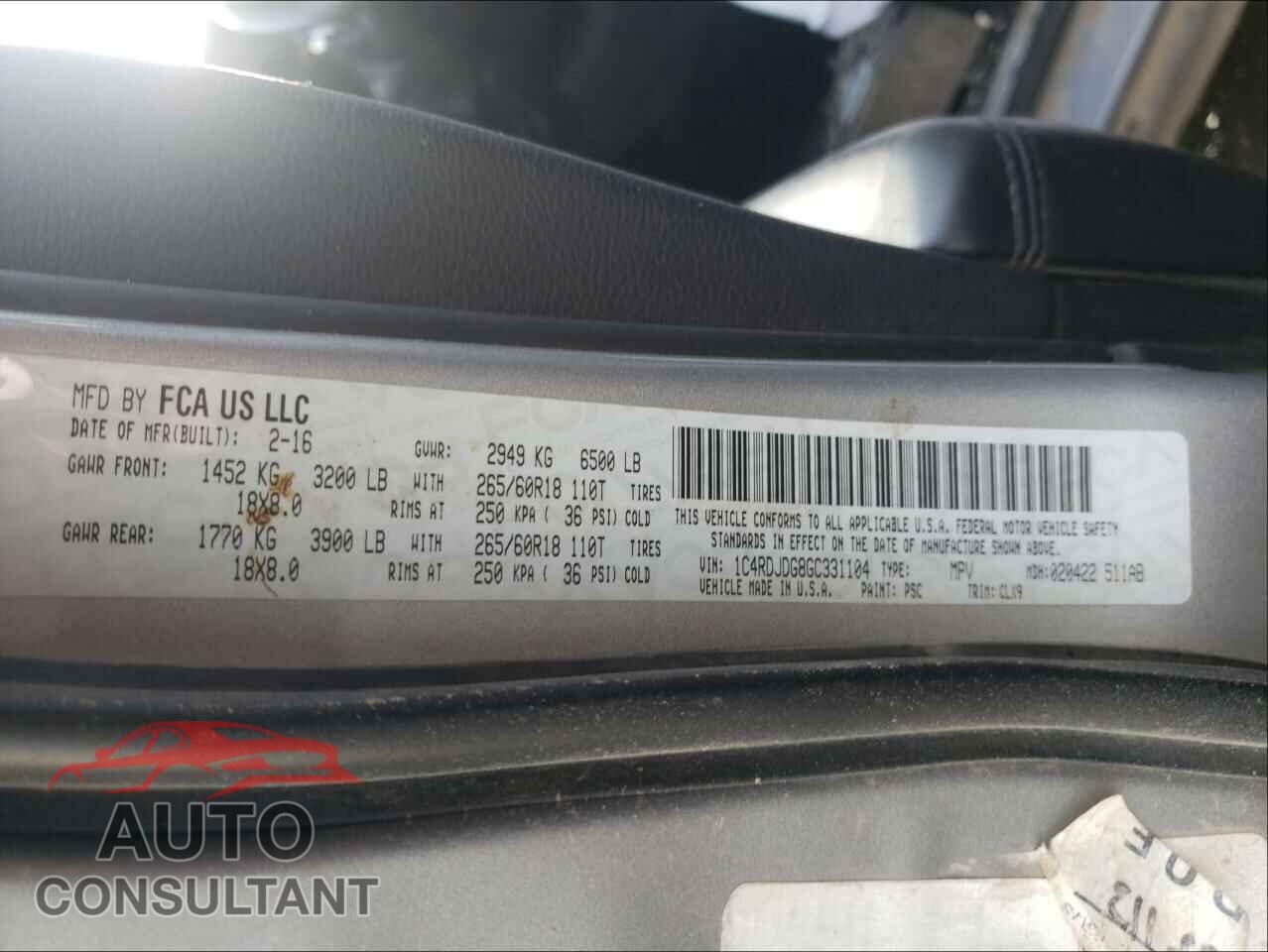 DODGE DURANGO 2016 - 1C4RDJDG8GC331104