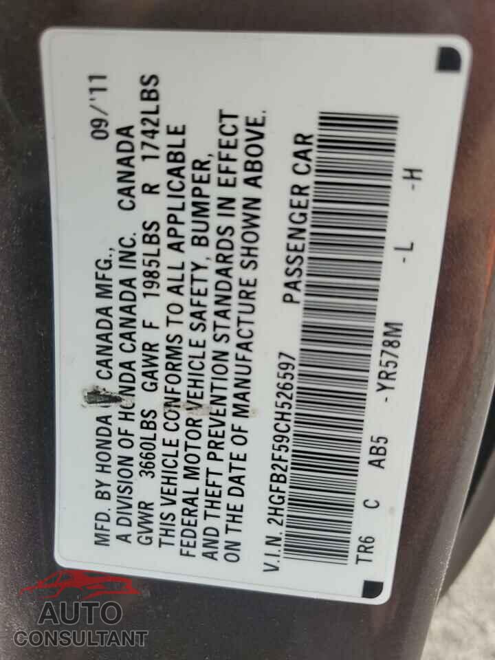 HONDA CIVIC 2012 - 2HGFB2F59CH526597