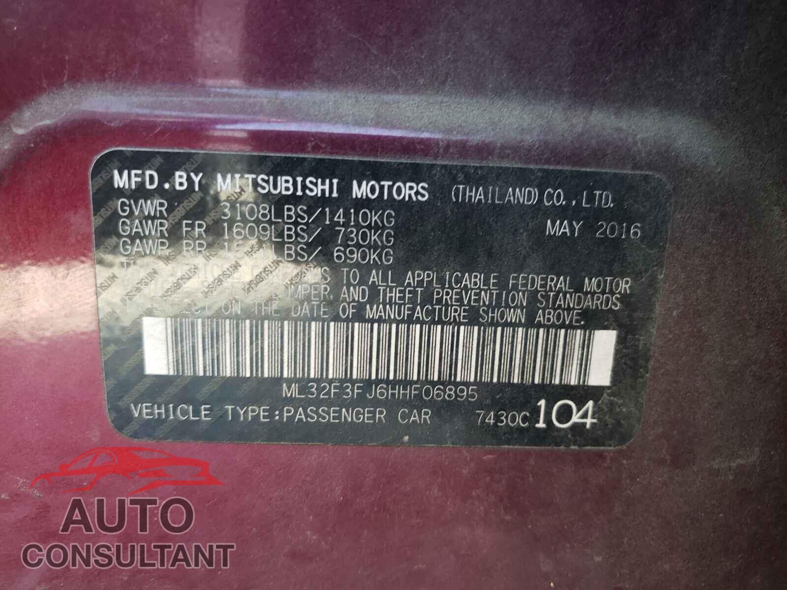 MITSUBISHI MIRAGE 2017 - ML32F3FJ6HHF06895
