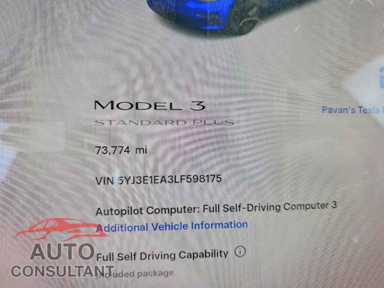 TESLA MODEL 3 2020 - 5YJ3E1EA3LF598175