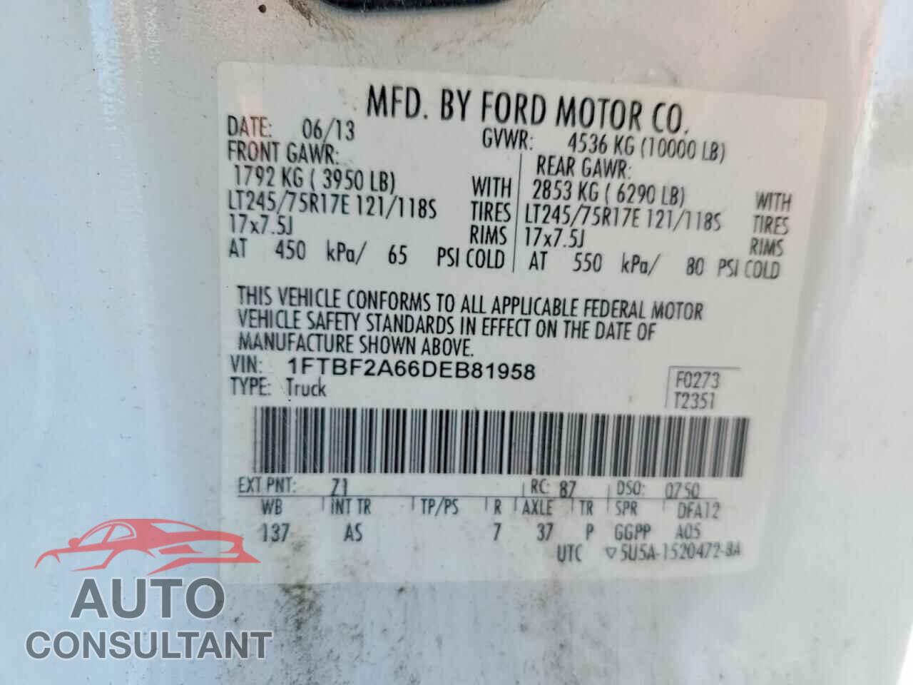 FORD F250 2013 - 1FTBF2A66DEB81958