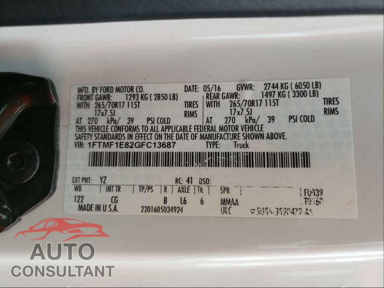 FORD F150 2016 - 1FTMF1E82GFC13687