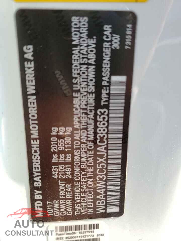 BMW 4 SERIES 2018 - WBA4W3C5XJAC38653