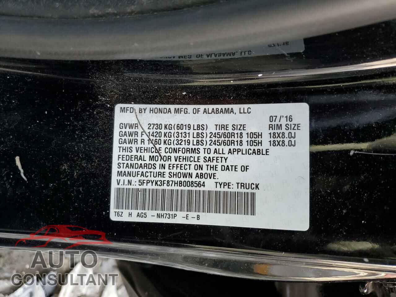 HONDA RIDGELINE 2017 - 5FPYK3F87HB008564