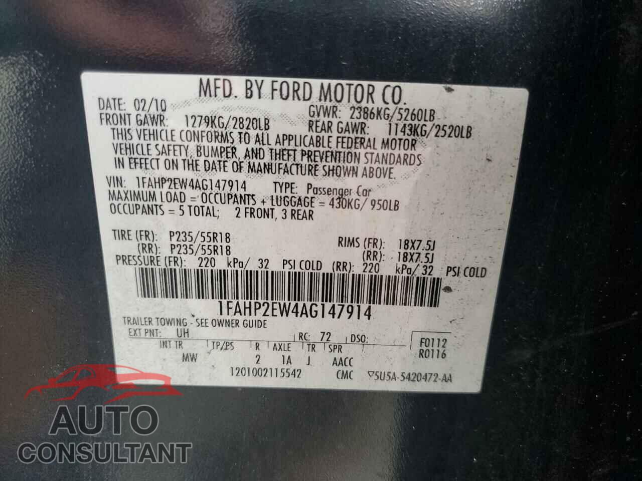 FORD TAURUS 2010 - 1FAHP2EW4AG147914