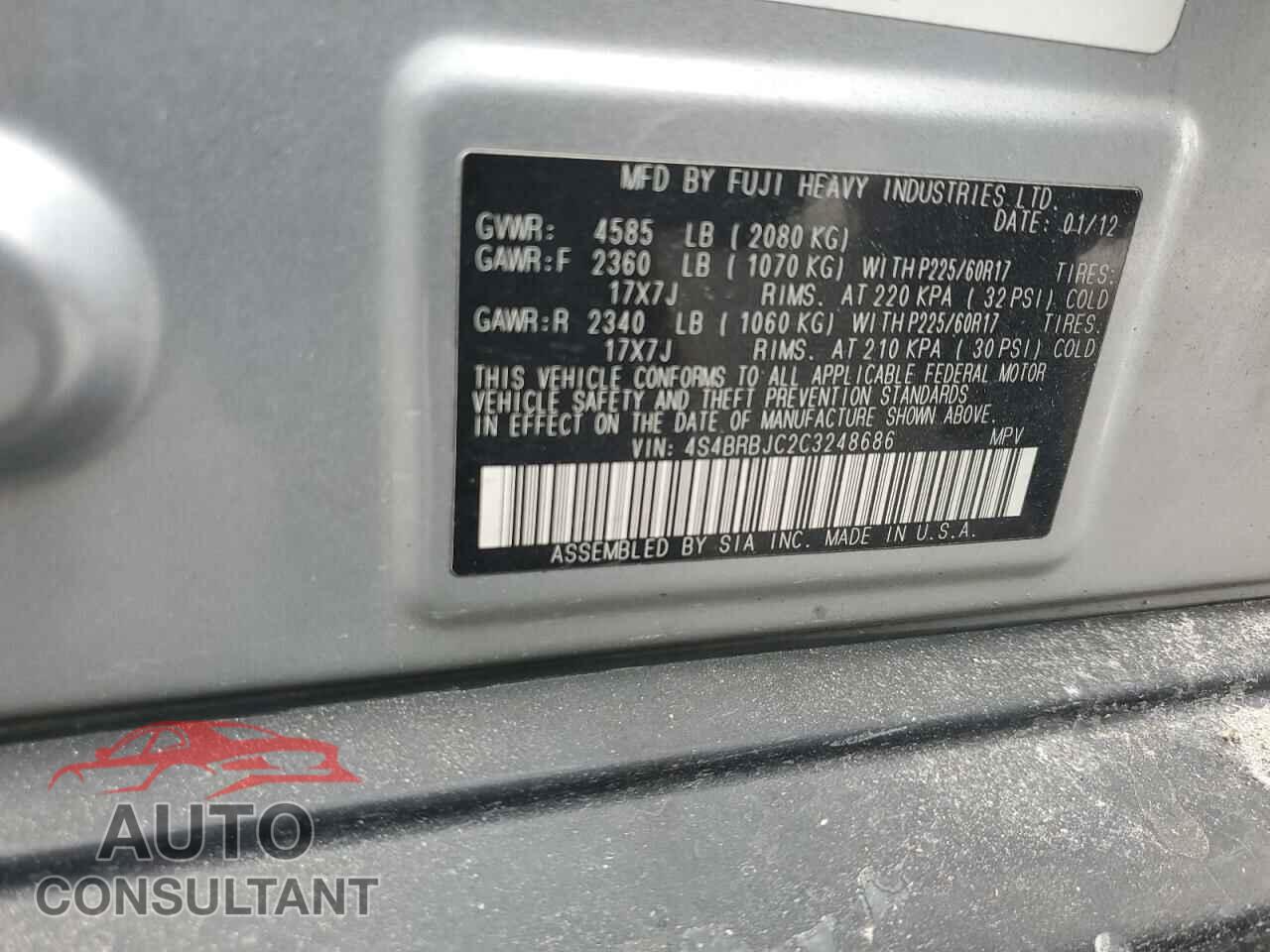SUBARU OUTBACK 2012 - 4S4BRBJC2C3248686