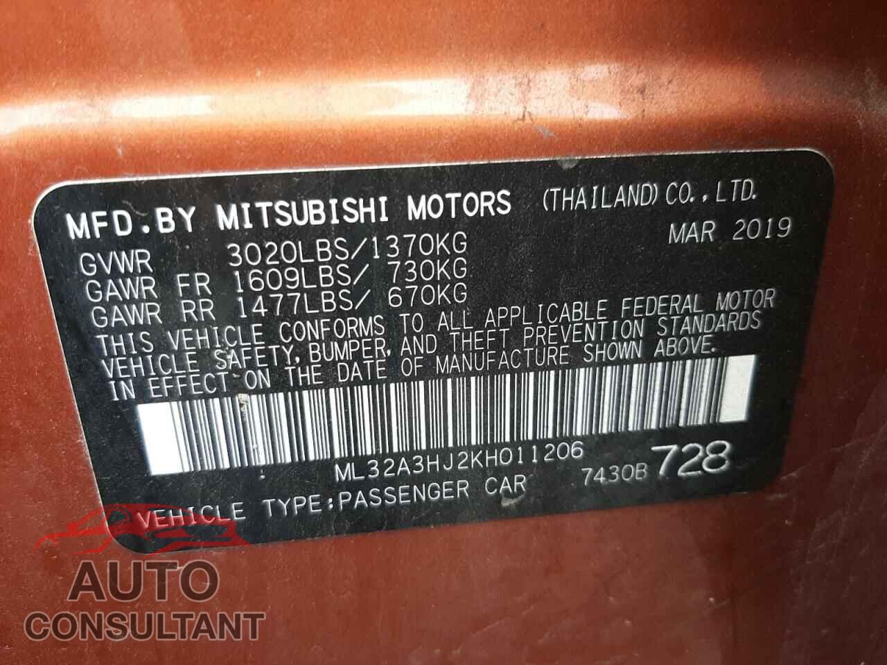 MITSUBISHI MIRAGE 2019 - ML32A3HJ2KH011206