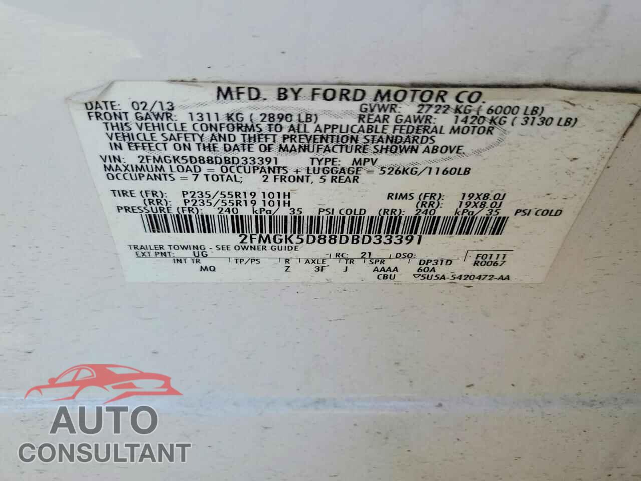 FORD FLEX 2013 - 2FMGK5D88DBD33391