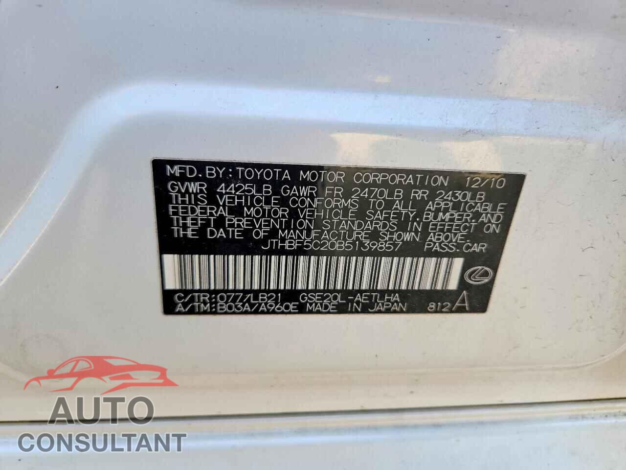 LEXUS IS 2011 - JTHBF5C20B5139857