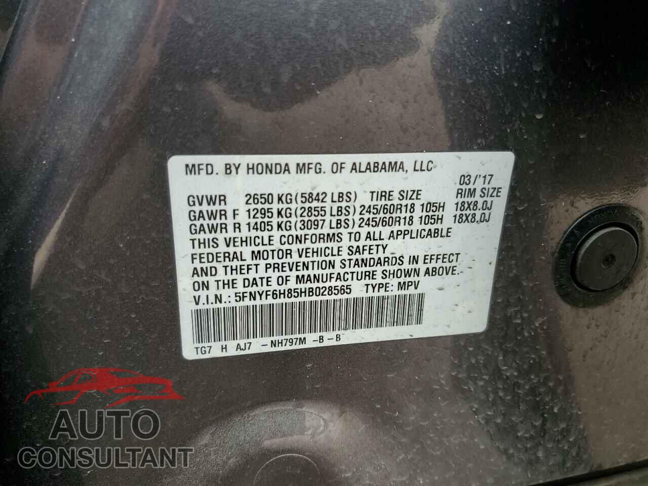 HONDA PILOT 2017 - 5FNYF6H85HB028565
