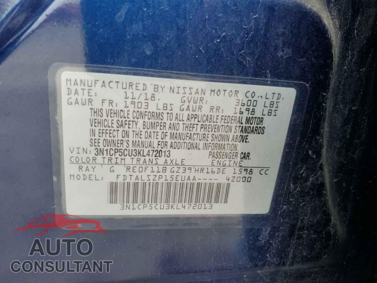 NISSAN KICKS 2019 - 3N1CP5CU3KL472013