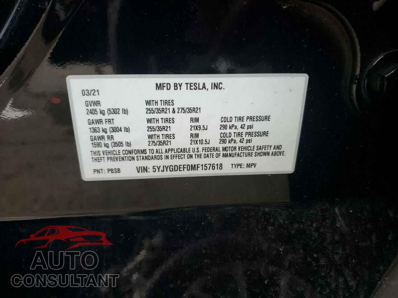 TESLA MODEL Y 2021 - 5YJYGDEF0MF157618