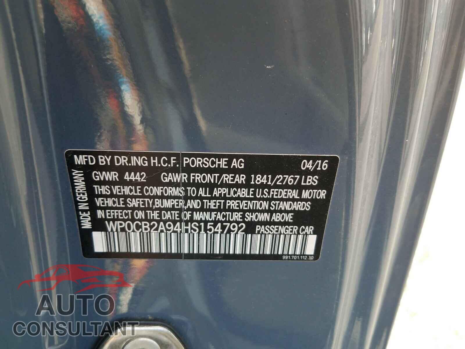 PORSCHE 911 2017 - WP0CB2A94HS154792