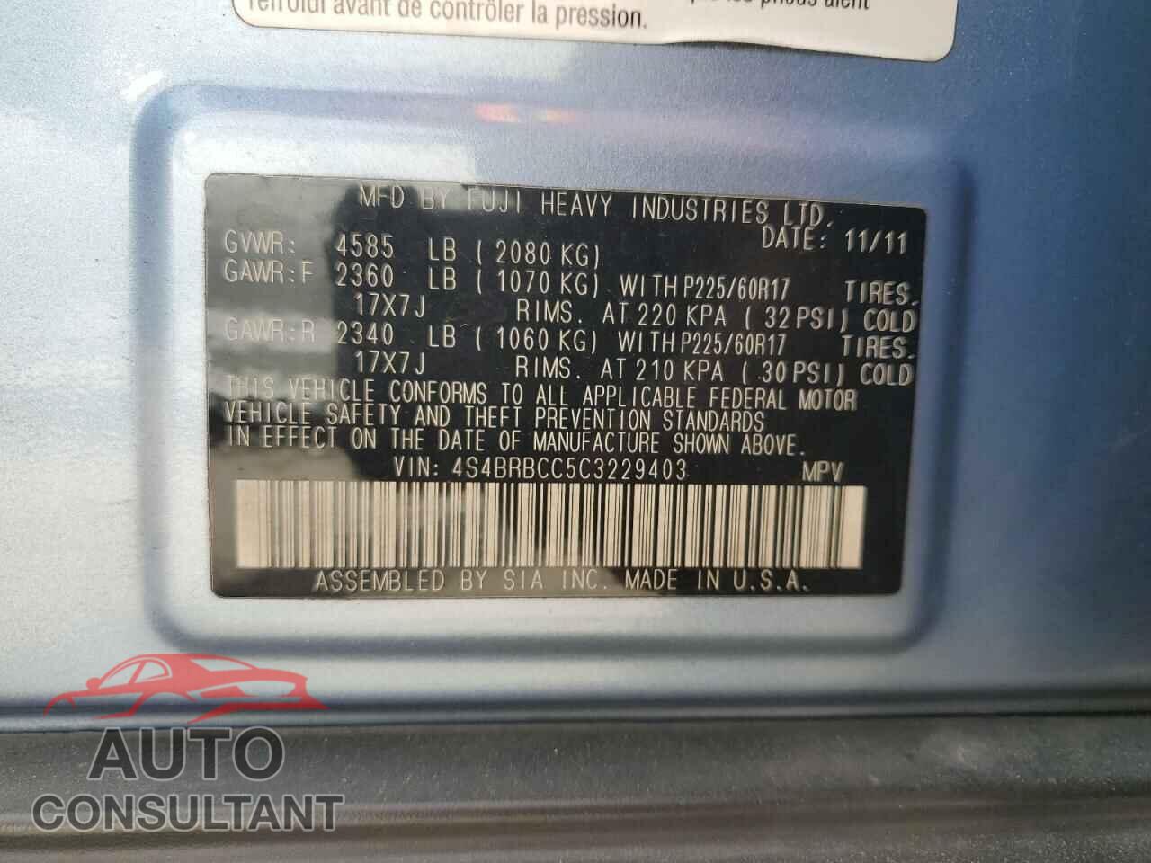 SUBARU OUTBACK 2012 - 4S4BRBCC5C3229403
