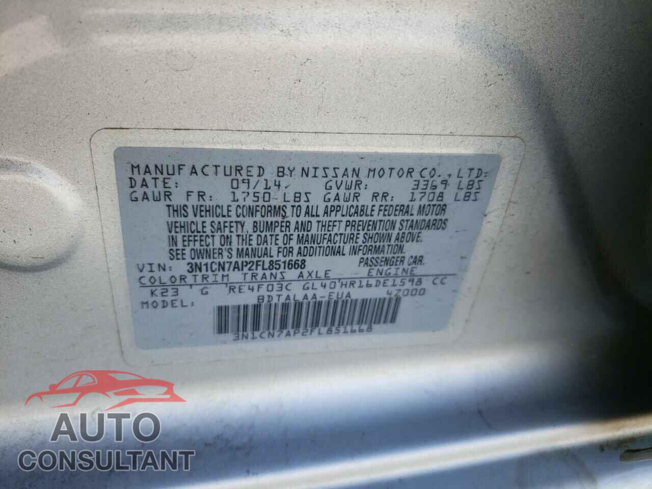 NISSAN VERSA 2015 - 3N1CN7AP2FL851668