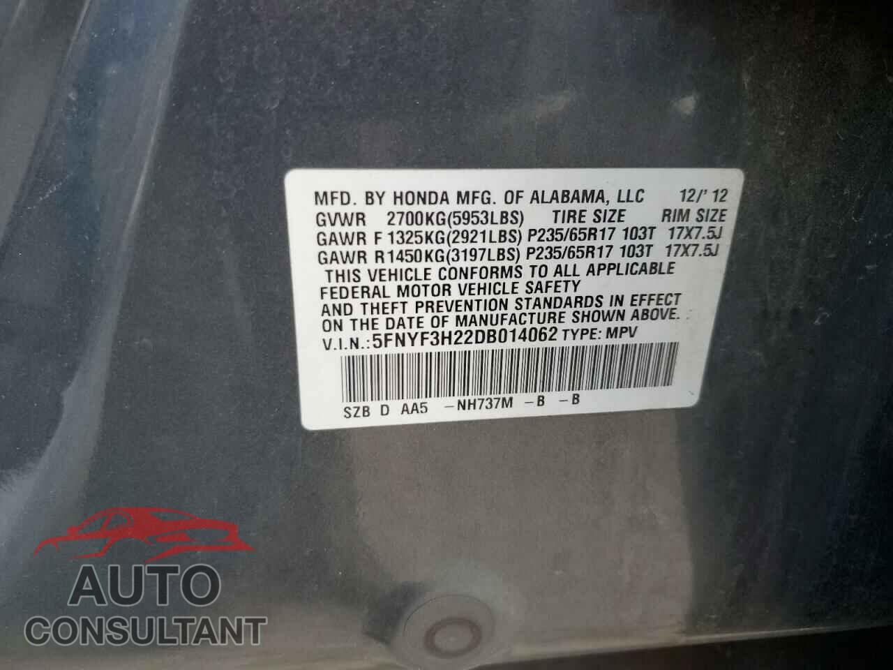HONDA PILOT 2013 - 5FNYF3H22DB014062