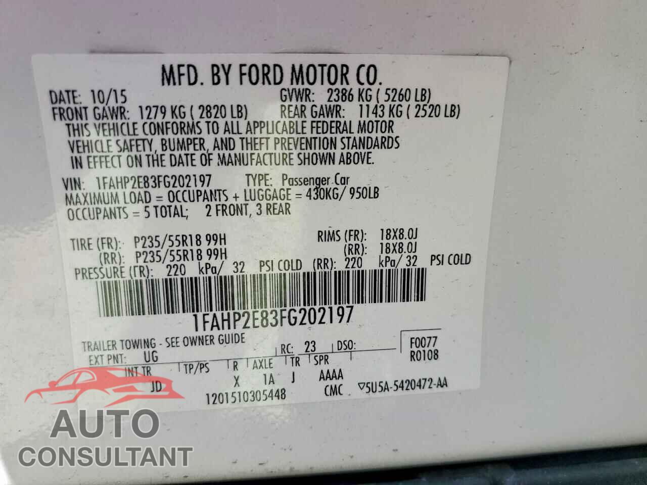 FORD TAURUS 2015 - 1FAHP2E83FG202197