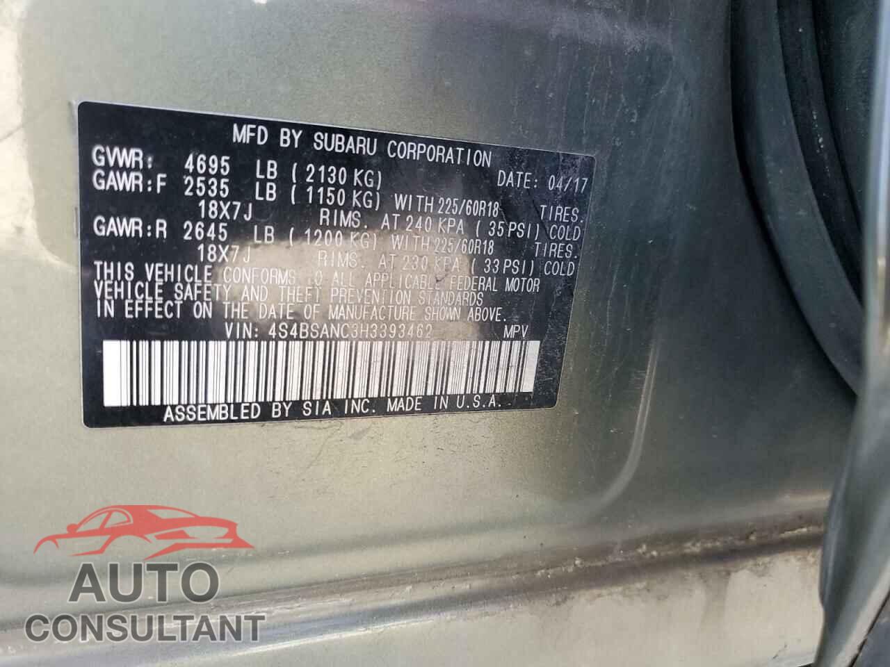 SUBARU OUTBACK 2017 - 4S4BSANC3H3393462